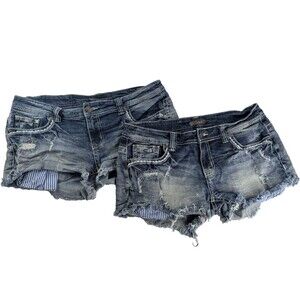 2 Pr SHYANNE Cutoff Denim Destroyed Low Rise Shorts Stretch Embellished 30 / 31